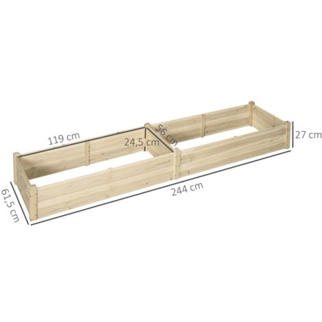 Potager surélevé, 2 zones de plantation, doublure en polaire, résistant aux intempéries, bois massif, 244 cm x 61,5 cm x 27 cm