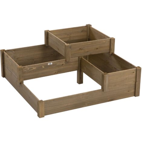 Potager surélevé à 3 niveaux, jardinière pour herbes aromatiques, en bois de sapin marron, 122 x 122 x 51 cm, idéal pour terrasse et balcon.