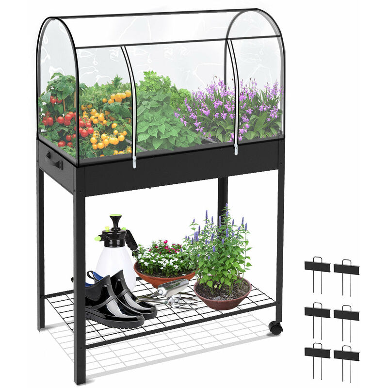 Carré potager surélevé sur pieds avec bâche en pvc et roues 80,5 x 43 x 130cm noir