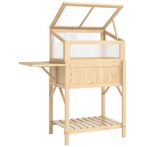 Potager surélevé avec châssis froid en bois, jardinière avec serre intégrée, pliable, table d'appoint, compartiment de rangement, bois naturel