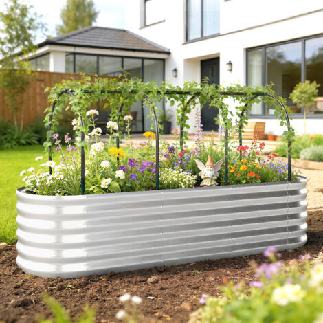 Potager surélevé d'extérieur avec treillis pour plantes grimpantes et fond ouvert, acier, 200 x 60 x 103 cm, argent