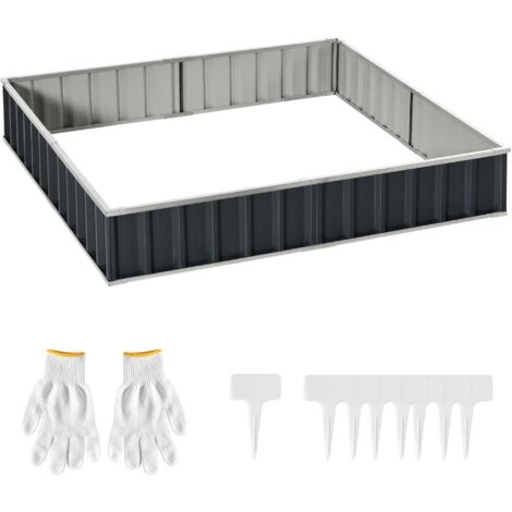 Potager surélevé en acier à monter soi-même, en forme de T, avec étiquettes pour plantes et gants, gris foncé pour un jardinage facile.