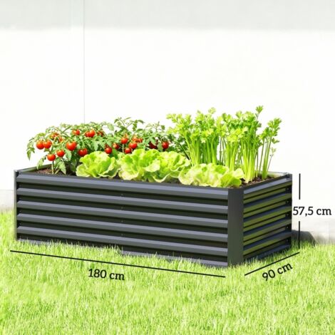 Potager surélevé en métal, 180 x 90 x 57,5 ​​cm de profondeur, avec fond ouvert et poteau de support, gris foncé