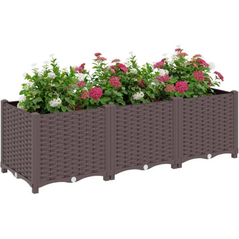 Potager surélevé en plastique à arrosage automatique avec trous de drainage et bouchons, 120 x 40 x 37 cm, marron