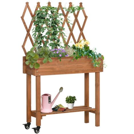 Potager surélevé, treillis intégré, étagère de rangement, roulettes, bois massif, marron, 79 x 29 x 130 cm