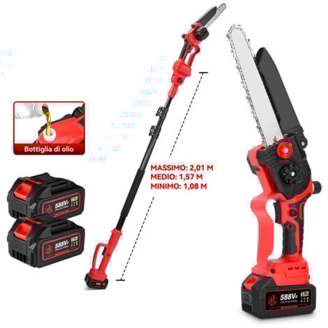 Potatore a batteria ONEVAN, mini motosega a batteria senza spazzole da 8 pollici, asta di potatura elettrica 2 in 1, asta telescopica da 2 m, con 2 Batterie