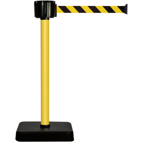 Poteau alu jaune à sangle grande longueur hachurée jaune/noir 12m x 50mm sur socle mobile - 2810005