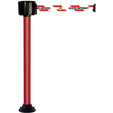 Poteau alu rouge à sangle grande longueur accès interdit trilingue 12m x 50mm sur socle fixe - 2810371