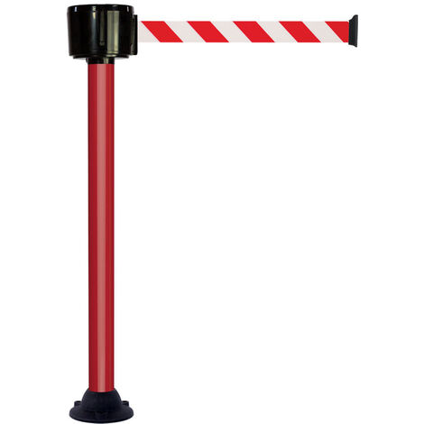 Poteau alu rouge à sangle grande longueur hachurée rouge/blanc 12m x 50mm sur socle fixe - 2810210