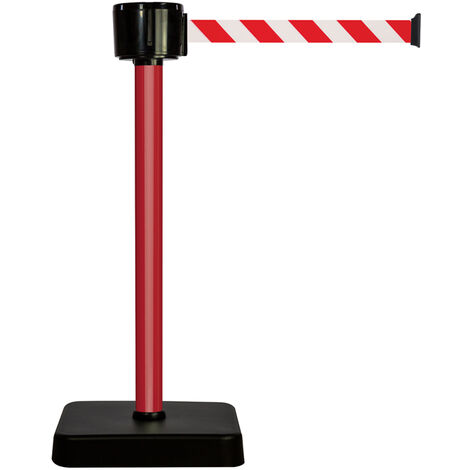 Poteau alu rouge à sangle grande longueur hachurée rouge/blanc 12m x 50mm sur socle mobile - 2810012