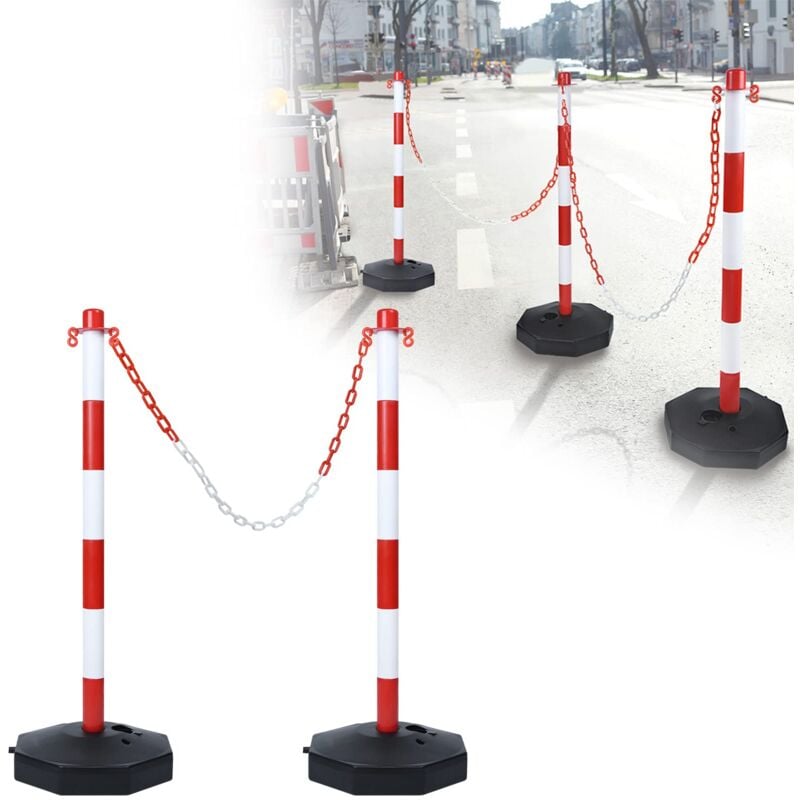 Poteau de délimitation 2 pcs Borne plastique avec chaîne de délimitation 140cm & base pe Poteau pp Barrière 82cm Poteau de délimitation Rouge+Blanc