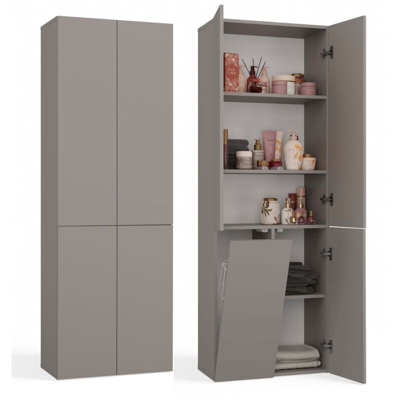 RORY - Armoire de salle de bain avec panier - Dimensions 174x60x30 - Meuble de rangement salle de bain espace buanderie - Gris