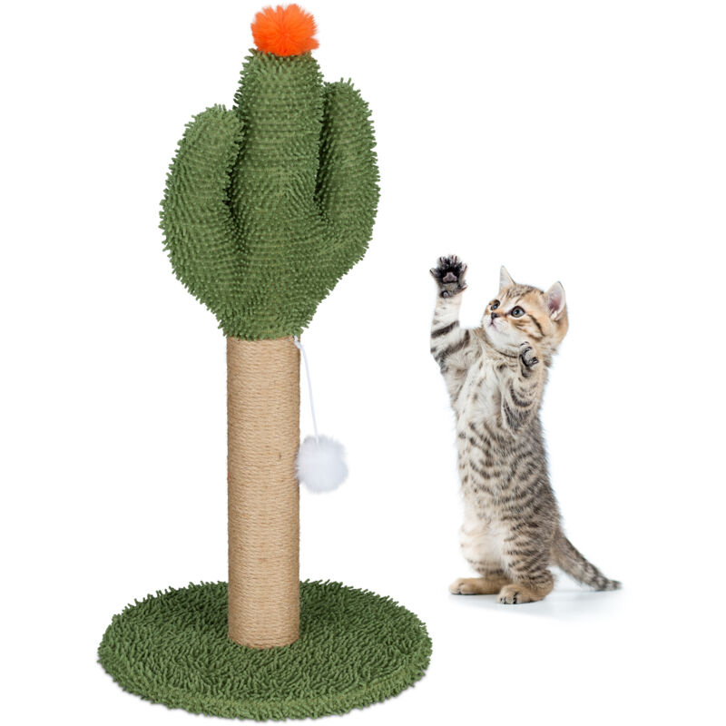 Relaxdays - Griffoir pour chat en forme de cactus, HxD : env. 59x31 cm, tronc à gratter en lin, avec balle, multicolore