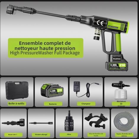 Potente idropulitrice ad alta pressione senza fili da 100 bar – 730 PSI, 21 V con 1 batteria, ugello 6 in 1, ideale per auto, patii e giardini
