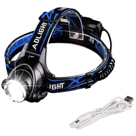 Potente linterna frontal LED recargable, ajustable, 3 modos, con cable USB y 2 baterías 18650 para pesca, ciclismo, senderismo, correr, camping (azul).