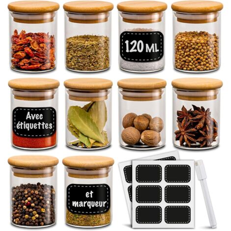Pots à Épices - 10 x 120 ml - Verre et Bambou - Hermétique - Cuisine - Avec Étiquettes