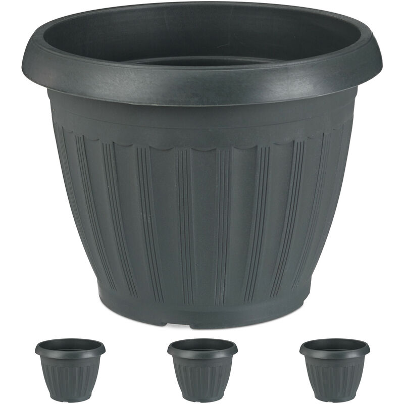 Relaxdays - Pots à plantes, lot de 4, rond, Pots à fleurs, extérieur, intérieur, plastique, 13 l de capacité, anthracite