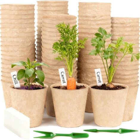 Pots Biodégradables, 100 Pièces 8CM Pot de Semis de Plante, Godets de Rempotage Degradable+100Pcs Etiquette Plante+2Pcs Outils de Repiquage, pour Serre Jardin Potager Fleur Semis