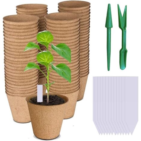 Pots Biodégradables, Lot de 100 Pots de semis en Fibre biodégradable de 8 cm avec 100 étiquettes de Plantes, Godets Semis Plantes Biodégradables, Fleurs, Pots de semences pour Germination du Jardin