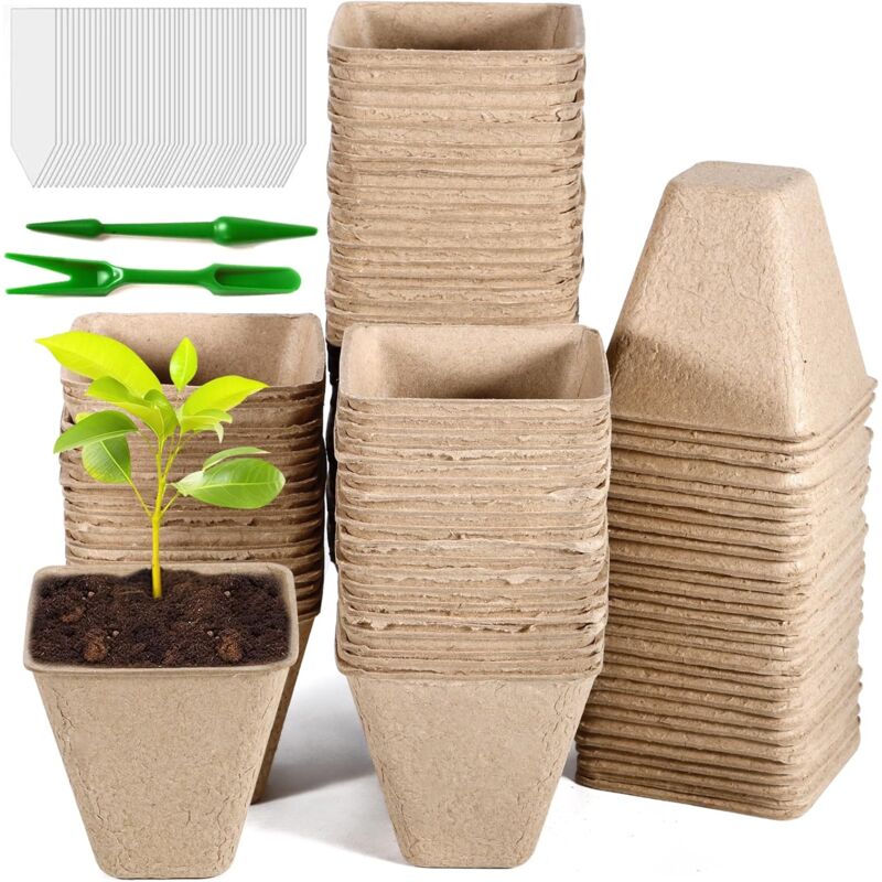 Paryou - Pots de Culture Biodegradable, 100Pcs 8cm Pot Semis Biodégradable Carrés, Pots de Graines en Fibre pour Semis+100Pcs Etiquette Plante+2Pcs