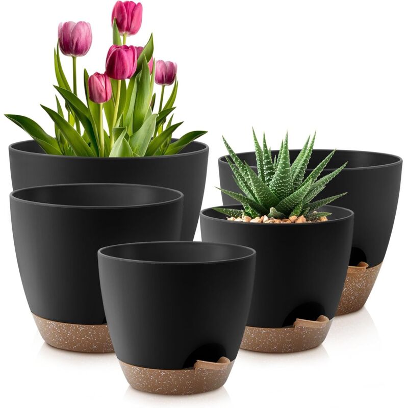 Pots de fleurs auto-arrosants 8/7/6,5/6/5,5/5 pouces, lot de 5 pots de fleurs en plastique avec trous de drainage et plateau, pots de fleurs en