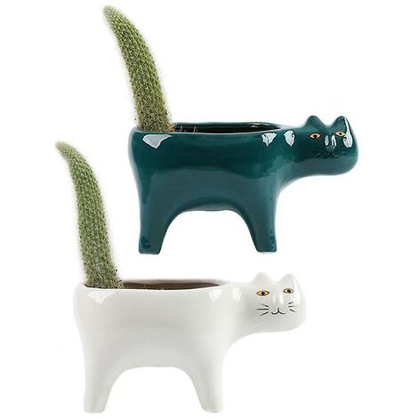 Pots de fleurs Joli chat Succulent Planter Plant Containers ， Blanc + Vert ， 2pcs