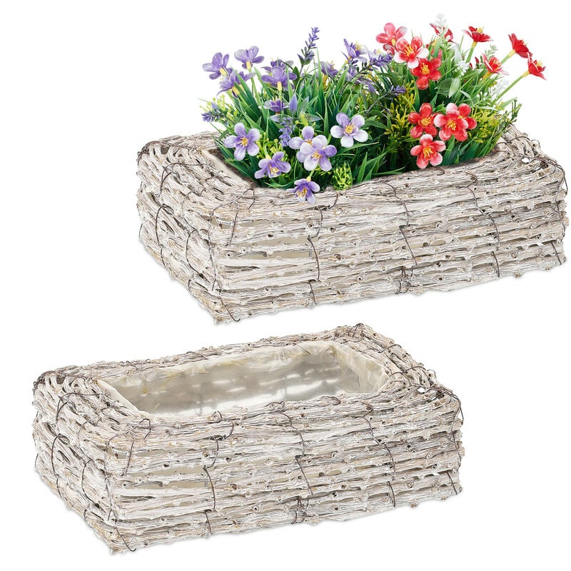 Relaxdays - Pots de fleurs, lot 2, rotin, cache-pots avec plastique, HxLxP: 8 x 27 x 17 cm, bacs intérieur, blanc-nature