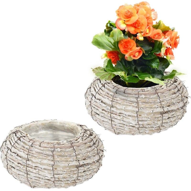 Relaxdays - Pots de fleurs, lot de 2, rotin, cache-pots avec film, HxD: 10x20 cm, bacs ronds pour intérieur, blanc-nature