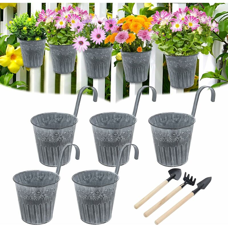 Pots de fleurs suspendus, pots de fleurs en métal vintage en fer 5 pièces, jardinières suspendues avec crochet - Petit vase à seaux suspendus pour