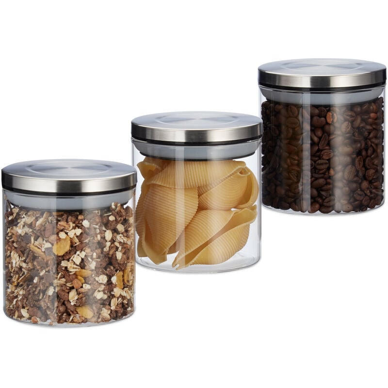 Pots de stockage jeu de 3, 380 ml, étanche, couvercle acier inox, Epices, riz et thé, Contenant pour cuisine - Relaxdays