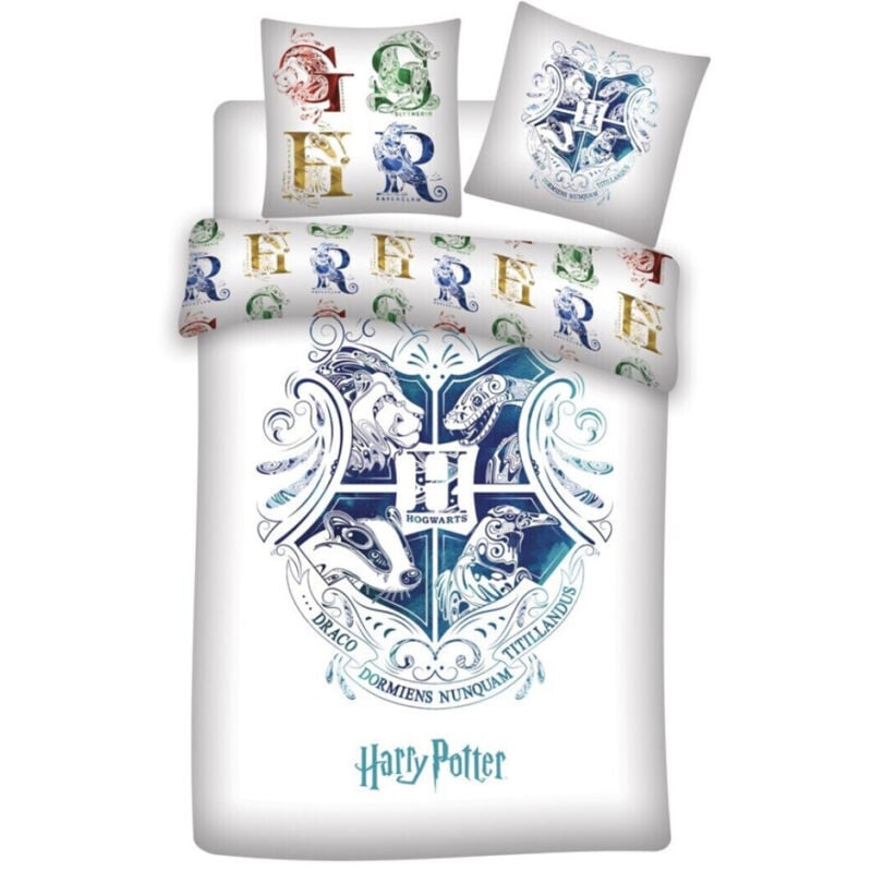 Parure de lit simple Harry Potter, les 4 maisons blanc-140 cm x 200 cm