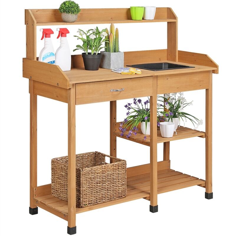 Potting Bench Table Removable Sink Firwood Drawer Open Multiple Shelves Side Hooks Protective Feet - wood - Yaheetech