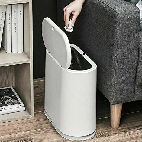 Poubelle, 10L/2,4 gallons en plastique fin avec couvercle rabattable, poubelle blanche pour cuisine, salle de bain, salon, bureau, espace étroit (blanc)
