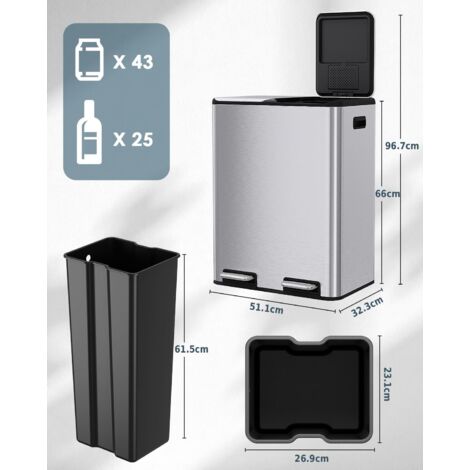Poubelle à 2 compartiments, 2 x 30 l, à pédale, avec filtre anti-odeur, couvercle silencieux, seau intérieur en plastique, système de tri sélectif,métal, pour cuisine- Argent