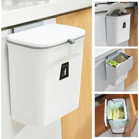 Poubelle à compost de cuisine de 2,4 gallons pour comptoir ou sous évier, petite poubelle suspendue avec couvercle blanc