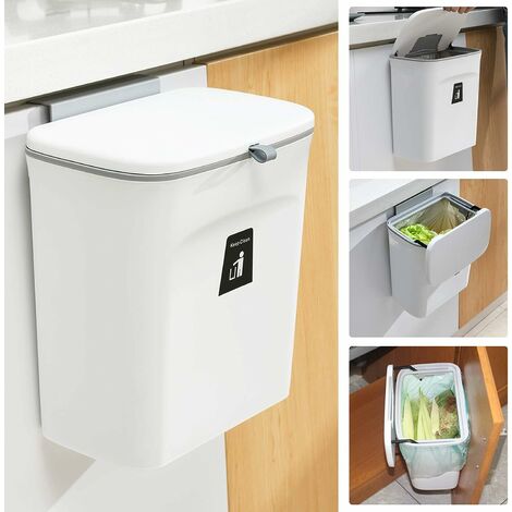 Poubelle à compost de cuisine de 2,4 gallons pour comptoir ou sous évier, petite poubelle suspendue avec couvercle blanc-BDD