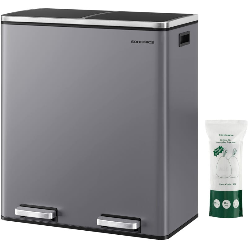 Songmics - Poubelle à Double Compartiment 2 x 30 l, avec 15 Sacs Poubelles, Pédales en Métal, 2 Seaux Intérieurs en Plastique, Couvercles, Poignées,