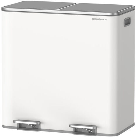 Poubelle à Double Compartiment 2 x 40 L, avec 15 Sacs Poubelles, Pédales en Métal, 2 Seaux Intérieurs en Plastique, Couvercles, Poignées, Fermeture en Douceur, Blanc et Gris