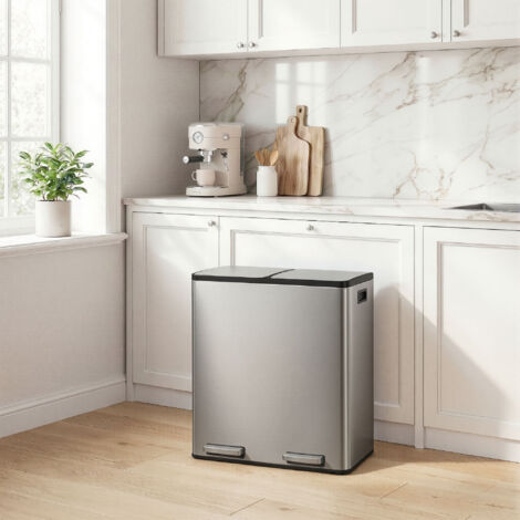 Poubelle à Pédale 2 x 30 L, Tri Sélectif, Seaux Amovibles, Acier Inoxydable, pour Cuisine, Argent