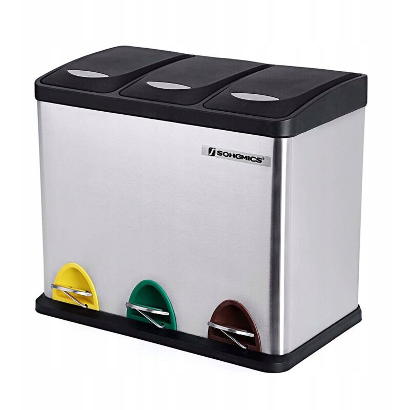 Poubelle à pédale, 24L, 3 compartiments, 8L, acier argenté, pour ségrégation VAS