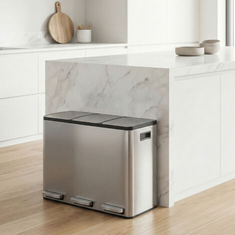 Poubelle à Pédale 3 x 15 L, Tri Sélectif, Seaux Amovibles, Acier Inoxydable, pour Cuisine, Argent
