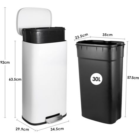 Poubelle à Pédale 30 Litres,Poubelle Cuisine en Acier Métal avec Seaux Intérieurs Amovible Fermeture en Douceur -Blanc