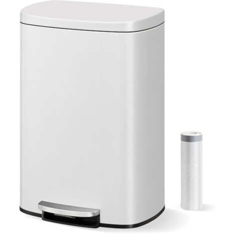 Poubelle à pédale 50L, Acier inoxydable, Couvercle à fermeture silencieuse, Idéal cuisine & bureau, Blanc