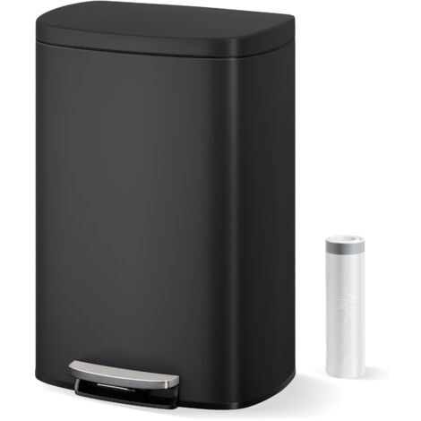 Poubelle à pédale 50L, Acier inoxydable, Couvercle à fermeture silencieuse, Idéal cuisine & bureau, Noir