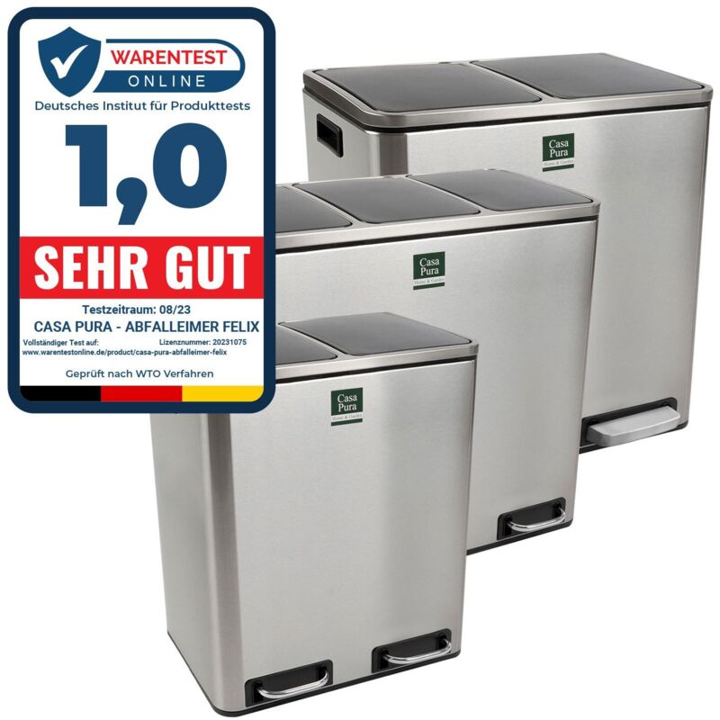 Casa Pura - Poubelle de cuisine Félix, Acier inox, 3 compartiments de 18 Litres (54 Litres)