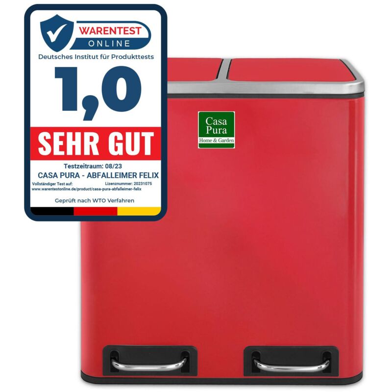Poubelle de cuisine Félix, Rouge, 2 compartiments de 15 Litres (30 Litres)