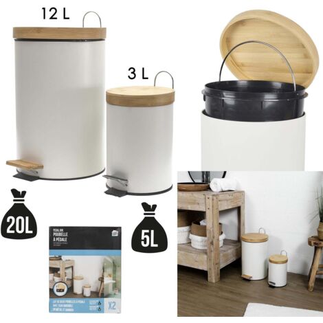 Poubelle A Pedale Metal Et Bambou Blanc X2