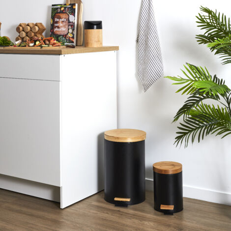 Poubelle A Pedale Metal Et Bambou Noir X2