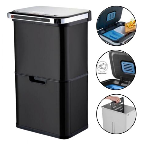 Poubelle automatique de tri 60L à 4 compartiments – Inox SS304 noir mat – Ouverture par capteur – Filtre anti-odeurs intégré