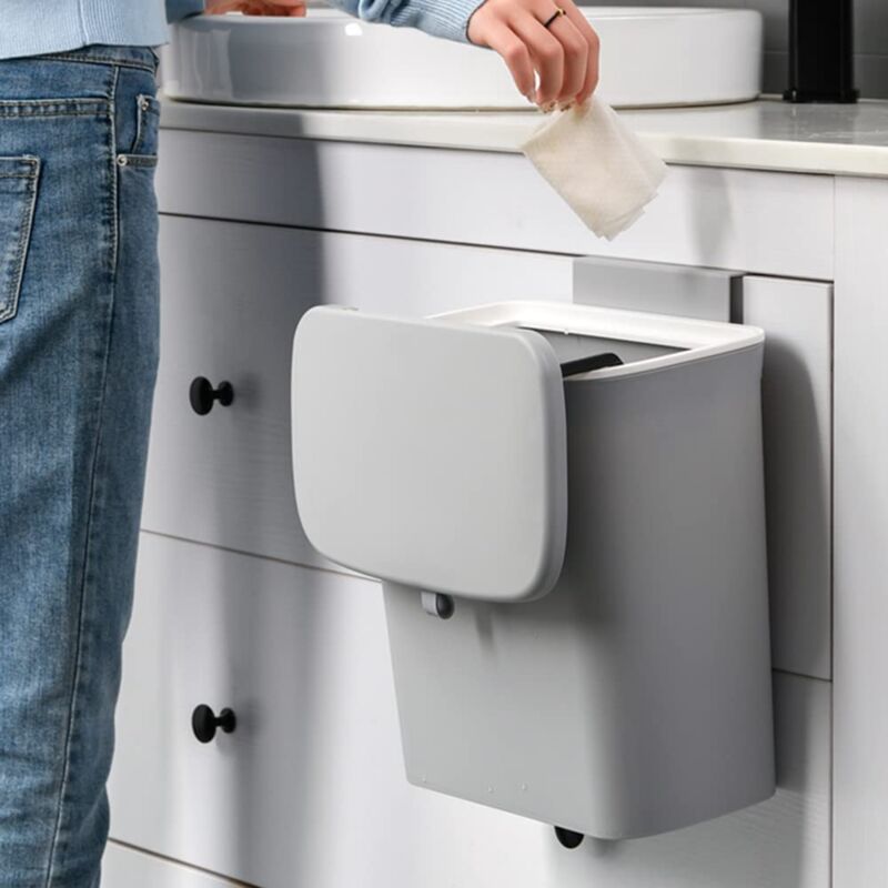 Senderpick - Poubelle avec couvercle, 9 l, poubelle de cuisine, petit collecteur de déchets suspendu, fixation murale, poubelle à compost en